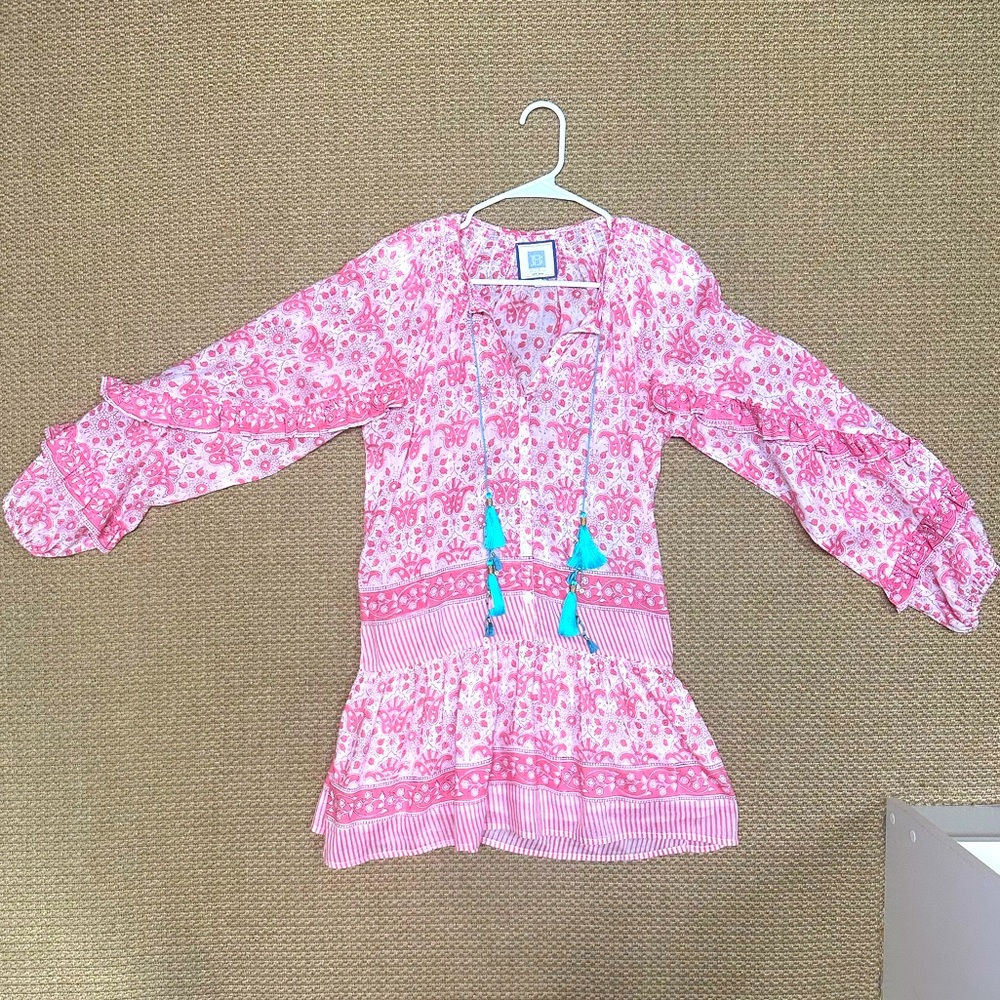 Boho Pink Floral Mini Dress with Tassel Tie